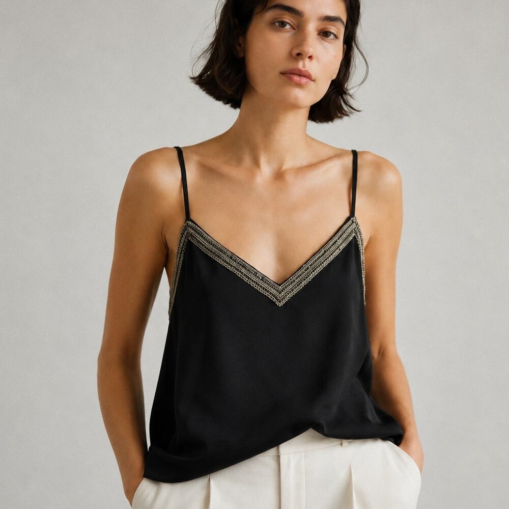 The Kooples Silk Camisole Top with Metal Chain Detail Womens S Black Sleeveless